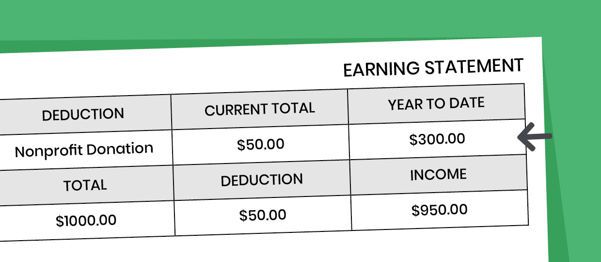 This is an image of an employee’s earning statement that includes a charitable payroll deduction, one of the workplace giving strategies your nonprofit can leverage.